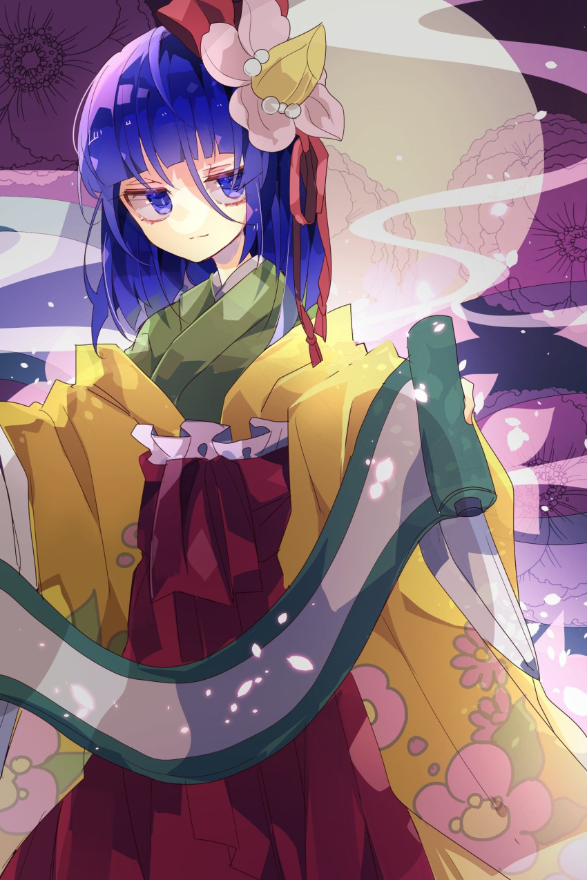 1girl bangs blunt_bangs commentary feet_out_of_frame floral_background floral_print flower full_moon green_kimono hair_between_eyes hair_flower hair_ornament hair_ribbon hakama hakama_skirt hieda_no_akyuu highres holding holding_scroll japanese_clothes kimono layered_clothes layered_kimono long_sleeves looking_at_viewer medium_hair moon night nikorashi-ka purple_hair red_hakama red_ribbon ribbon scroll skirt smile smoke_trail solo touhou violet_eyes wide_sleeves yellow_kimono