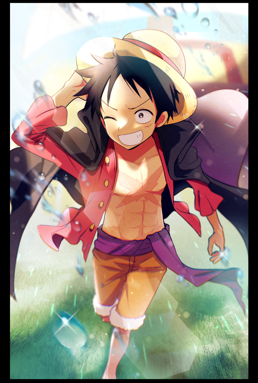 1boy ;d absurdres black_hair coat coat_on_shoulders from_above grin hand_on_headwear hand_up hat highres male_focus monkey_d._luffy one_eye_closed one_piece sash scar scar_on_chest scar_on_face shorts smile solo straw_hat unbuttoned unbuttoned_shirt walking water_drop yayoi_(yyi_op)