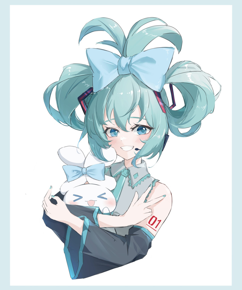 &gt;_&lt; 1girl alternate_hairstyle bare_shoulders blue_bow blue_eyes blue_hair blue_nails blue_necktie blush bow cinnamoroll collar collared_shirt detached_sleeves frilled_collar frills grey_shirt hair_between_eyes hair_bow hatsune_miku headphones highres holding looking_at_viewer necktie number_tattoo open_mouth sanqianqianqianqian_w sanrio shirt simple_background sleeveless sleeveless_shirt smile tattoo teeth v vocaloid white_background