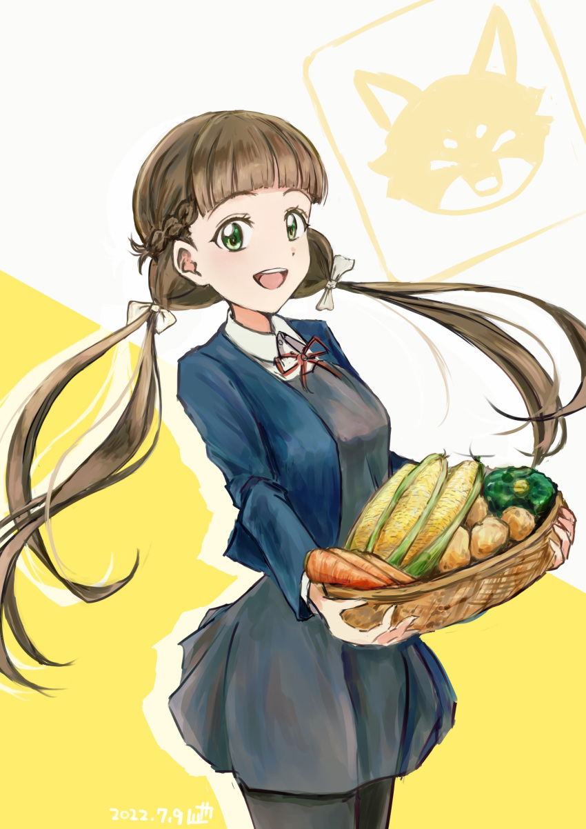 1girl bangs basket braid brown_hair carrot commentary corn dated fox french_braid green_eyes highres holding holding_basket jungle_zzz long_hair looking_at_viewer love_live! love_live!_superstar!! low_twintails pantyhose potato sakurakouji_kinako smile solo twintails two-tone_background upper_body white_background yellow_background