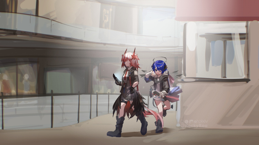 2girls ;d absurdres animal_ears arknights artist_name bag bird_ears bird_tail black_footwear black_gloves black_jacket blue_hair boots cellphone chinese_commentary collared_shirt commentary cup dark_halo demon_horns detached_wings disposable_cup faceless feathers fiammetta_(arknights) gloves halo hand_on_hip highres holding holding_cup holding_phone horns indoors jacket mall medium_hair mostima_(arknights) multiple_girls necktie one_eye_closed open_clothes open_jacket open_mouth phone railing red_necktie redhead rockyroo shirt shopping shopping_bag smile tail white_shirt window wings