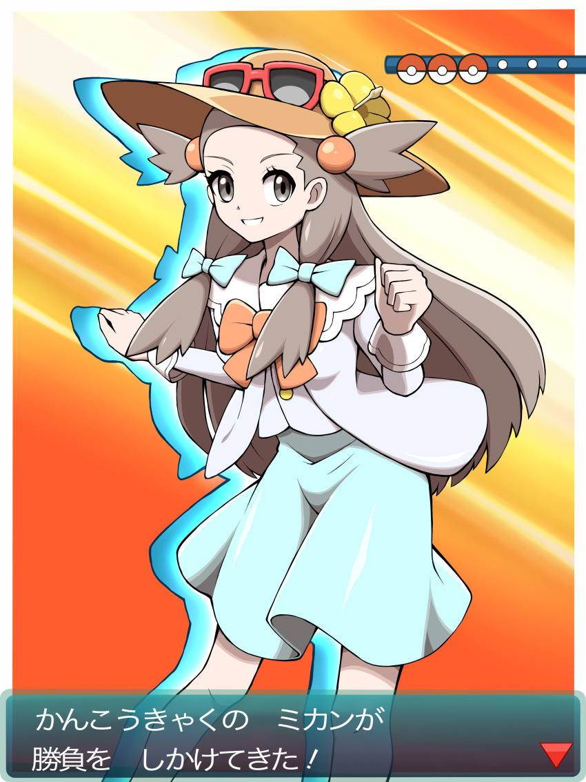 1girl absurdres adapted_costume arrow_(symbol) border bow brown_hair clenched_hands commentary_request dialogue_box eyelashes eyewear_on_headwear flower green_bow green_skirt hair_bow hat highres jasmine_(pokemon) knees long_hair long_sleeves looking_at_viewer orange_headwear poke_ball_symbol pokemon pokemon_(game) pokemon_hgss shabana_may skirt smile solo sunglasses translation_request two_side_up white_border yellow_flower