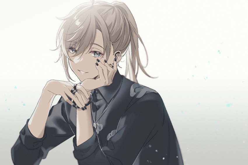 1boy ahoge black_nails black_shirt bracelet brown_hair collared_shirt dress_shirt gradient gradient_background grey_eyes hair_between_eyes hand_on_own_cheek hand_on_own_face head_rest jewelry kanae_(nijisanji) looking_at_viewer male_focus mole mole_under_eye multiple_rings necklace nijisanji parted_lips ponytail ring shirt shuai simple_background sleeves_rolled_up smile solo turtleneck upper_body virtual_youtuber