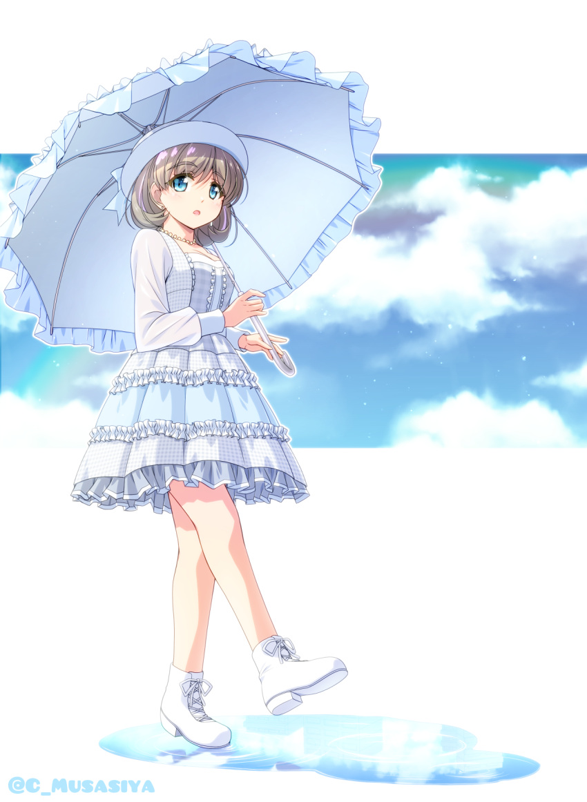 1girl ankle_boots blue_eyes boots checkered_clothes checkered_dress clouds commentary_request curly_hair dress earrings frilled_dress frills highres holding holding_umbrella jewelry light_brown_hair long_sleeves looking_at_viewer love_live! love_live!_superstar!! musashiya_chougenbou necklace open_mouth pearl_necklace short_hair solo stud_earrings tang_keke umbrella walking white_dress white_footwear