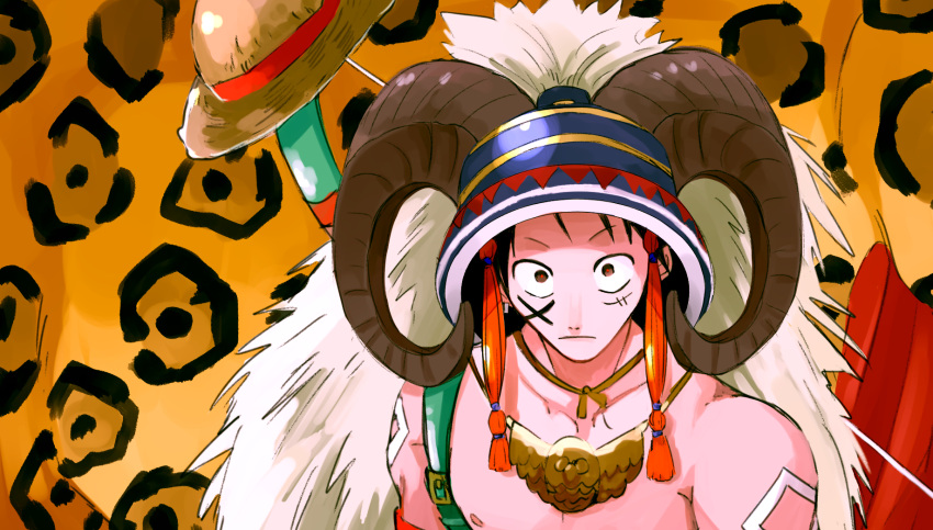 1boy alternate_costume black_hair bodypaint bow_(weapon) brown_eyes closed_mouth goat_horns hat hat_removed headwear_removed highres horns iko_(na7sico) jewelry looking_at_viewer male_focus monkey_d._luffy necklace one_piece scar scar_on_face solo straw_hat topless_male tribal weapon weapon_on_back