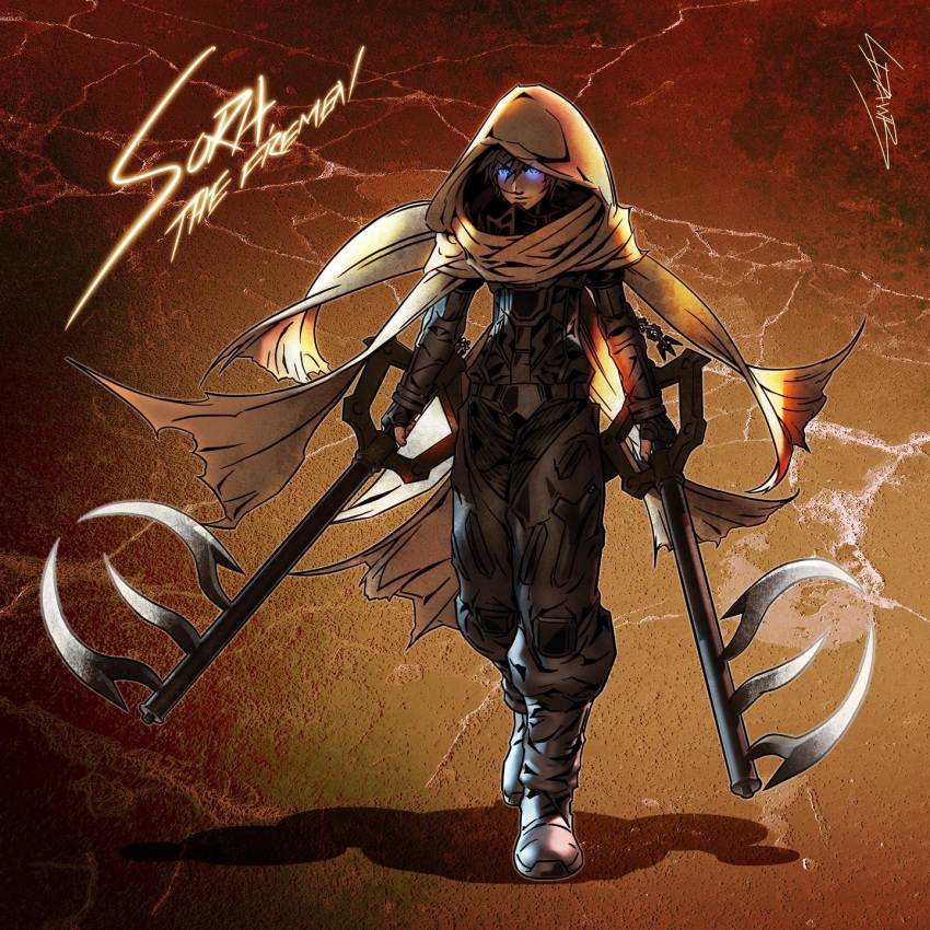 1boy alternate_costume alternate_universe belt black_pants blue_eyes bodysuit boots brown_background brown_hair character_name dual_wielding dune_(series) fingerless_gloves fremen full_body gloves glowing glowing_eyes hair_between_eyes highres holding holding_weapon hood hood_up keyblade kingdom_hearts ldawb long_sleeves pants short_hair signature solo sora_(kingdom_hearts) stillsuit walking weapon