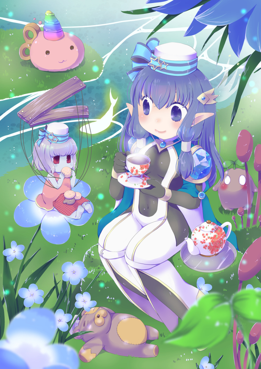 2girls :3 bangs black_bodysuit black_gloves blue_bow blue_cape blue_eyes blue_flower blue_hair blush bodysuit bow breasts cape closed_mouth comiket_98 commentary_request cookie covered_navel cup dress eating fish flower food full_body gloves grass hat hat_bow highres long_hair marionette marionette_(ragnarok_online) medium_breasts multiple_girls okosama_lunch_(sendan) pants pillbox_hat pink_dress pointy_ears poring puppet ragnarok_masters ragnarok_online river slime_(creature) smile stuffed_animal stuffed_toy suspenders tea teacup teapot teddy_bear teddy_bear_(ragnarok_online) tree warlock_(ragnarok_online) water white_headwear white_pants winding_key