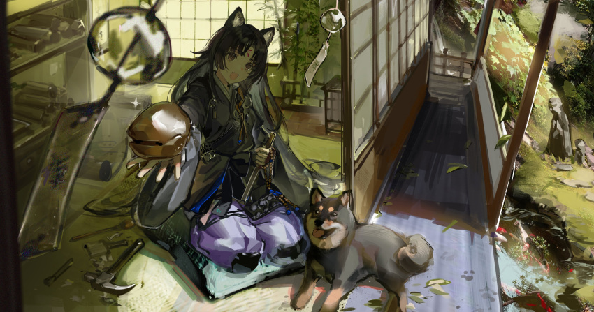 1girl :d absurdres animal animal_ear_fluff animal_ears arknights bamboo bead_necklace beads black_hair black_kimono black_shirt blurry blurry_foreground braid brown_eyes building commentary cushion day dog dog_ears dog_girl english_commentary facial_mark falling_leaves fang food forehead_mark grass hammer highres holding holding_food incoming_food indoors japanese_clothes jewelry kimono knee_pads kneeling leaf long_hair long_sleeves looking_at_viewer necklace neriash open_mouth paintbrush pants purple_pants ribbon_braid saga_(arknights) seiza shelf shiba_inu shirt shouji side_braid sitting skin_fang sliding_doors smile solo sparkle tatami veranda very_long_hair wind_chime