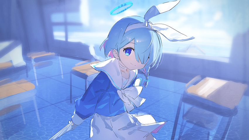 1girl absurdres arms_behind_back arona_(blue_archive) bangs blue_archive blue_eyes blue_shirt blue_sky bow bowtie broken_wall chair choker classroom clouds collarbone day desk flat_chest hair_over_one_eye hairband halo hara_shoutarou highres holding holding_umbrella light_blue_hair long_sleeves looking_at_viewer sailor_collar shirt short_hair sky smile solo umbrella white_bow white_bowtie white_hairband white_sailor_collar white_shirt
