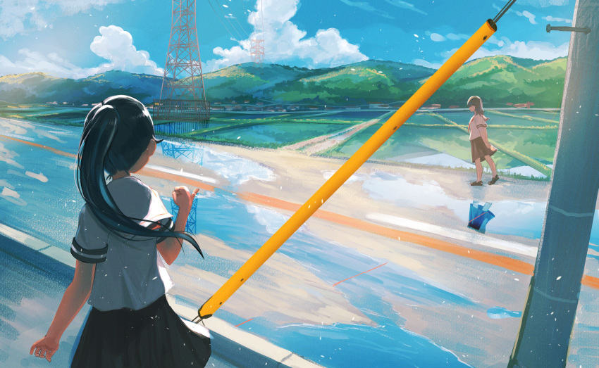 2girls absurdres black_hair black_skirt blue_sky clouds from_behind highres inami_hatoko long_hair mountain multiple_girls original outdoors ponytail power_lines puddle reflection rice_paddy road rural sailor_collar school_uniform serafuku skirt sky transmission_tower utility_pole white_sailor_collar white_serafuku