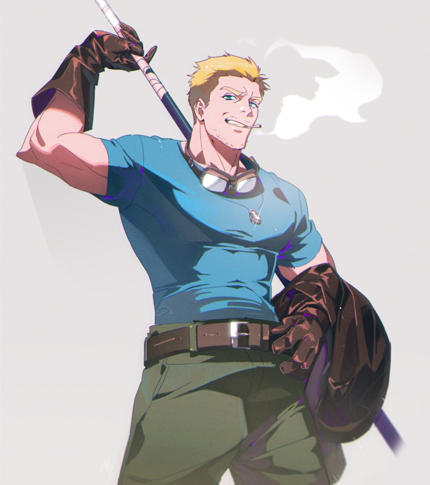 1boy arm_behind_head belt blonde_hair blue_eyes blue_shirt cid_highwind cigarette clenched_teeth dog_tags facial_hair final_fantasy final_fantasy_vii gloves goggles goggles_around_neck green_pants grey_background highres holding holding_clothes holding_jacket holding_polearm holding_weapon jacket looking_at_viewer male_focus mature_male muscular muscular_male over_shoulder pants peonrin polearm shirt short_hair short_sleeves smoke smoking solo stubble t-shirt teeth upper_body weapon weapon_over_shoulder