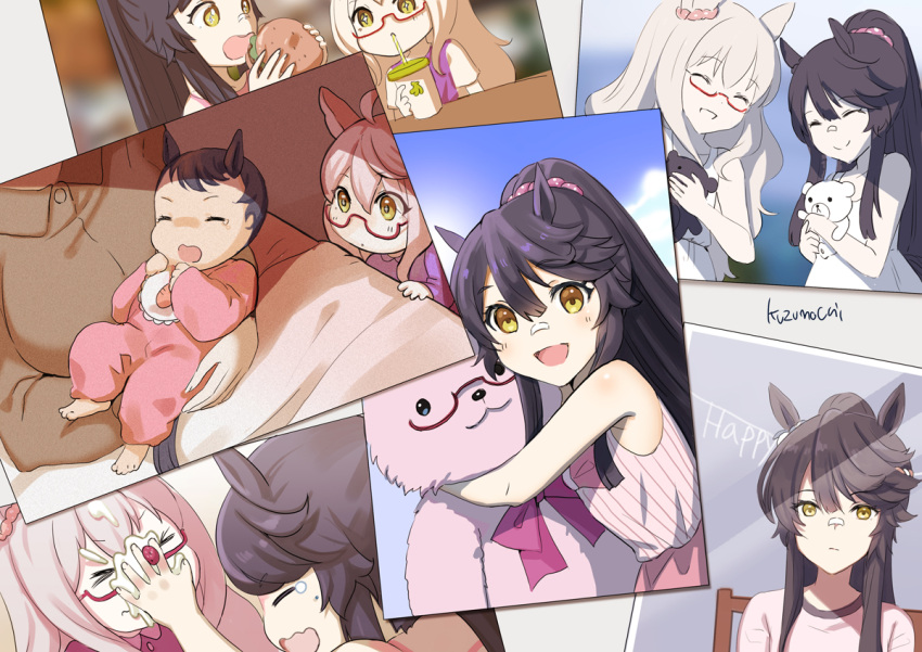 &gt;_&lt; 3girls :d alternate_costume animal_ears artist_name baby bandaid bandaid_on_face bandaid_on_nose biwa_hayahide_(umamusume) black_hair burger casual child collage commentary_request cradling cup drinking_straw eating food glasses holding holding_food horse_ears horse_girl in_the_face kuzumochi_(kuzumochiya) looking_at_viewer multiple_girls narita_brian_(umamusume) object_hug open_mouth photo_(object) pie_in_face ponytail semi-rimless_eyewear siblings sidelocks signature sisters sleeveless smile sparkling_eyes stuffed_animal stuffed_toy teddy_bear umamusume white_hair yellow_eyes younger