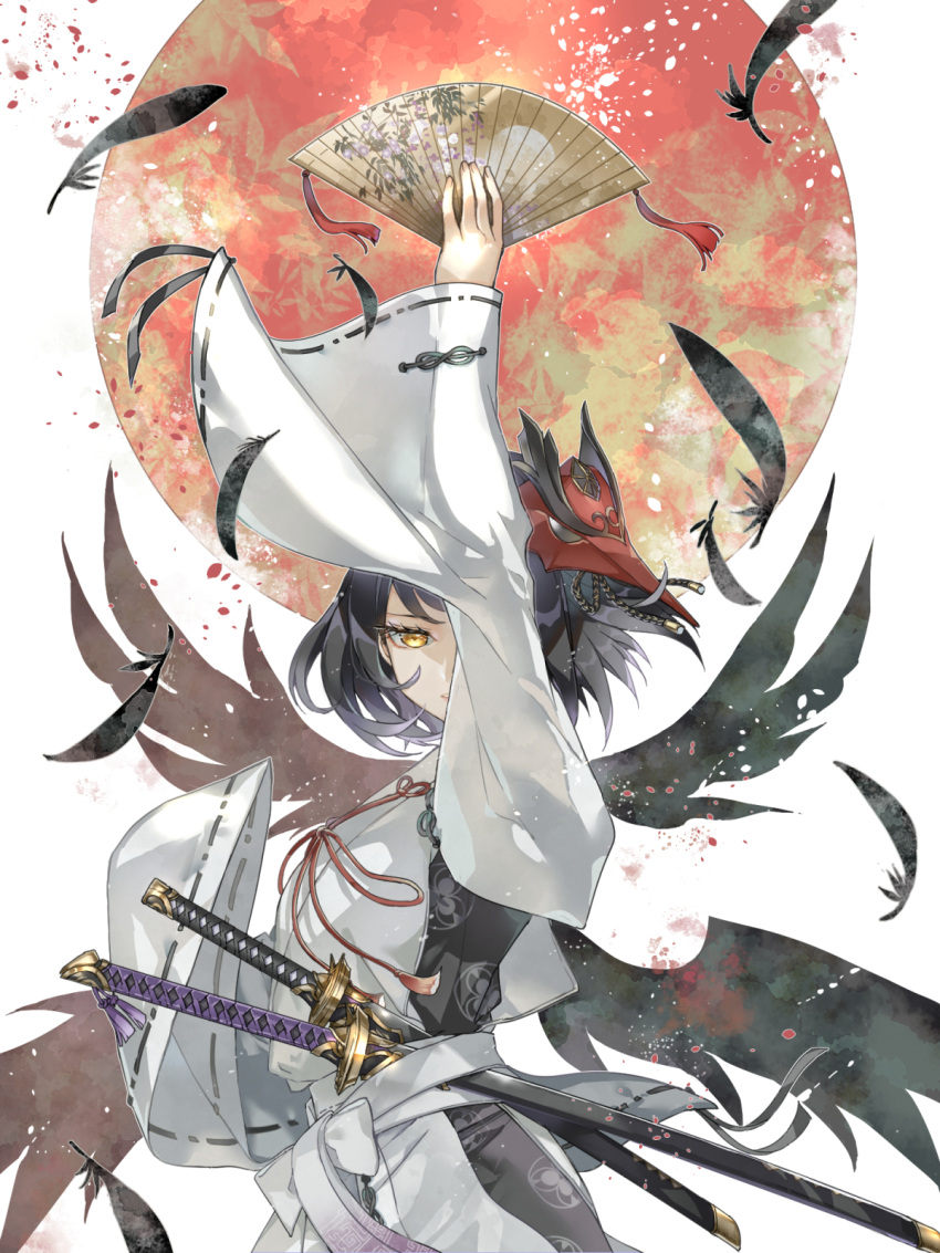 1girl arm_up bangs bird_mask black_hair commentary_request feathers genshin_impact hand_fan highres holding holding_fan japanese_clothes kanai23831347 kimono kujou_sara looking_at_viewer mask mask_on_head short_hair solo sword weapon white_kimono wide_sleeves yellow_eyes