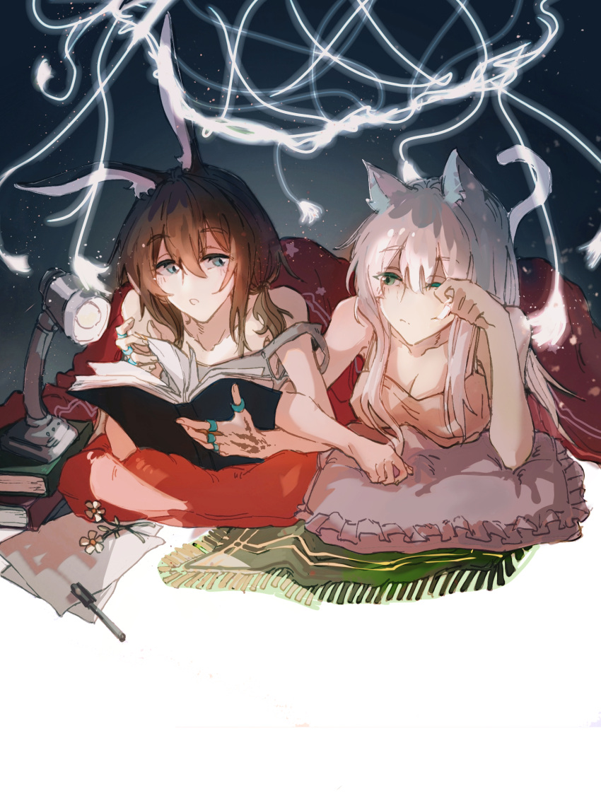 2girls alternate_costume alternate_hairstyle amiya_(arknights) animal_ears arknights bangs bare_shoulders blanket blue_eyes blush book brown_hair cat_ears cat_girl closed_mouth e-fa-dorn green_eyes highres holding holding_book jewelry locked_arms long_hair lying multiple_girls oripathy_lesion_(arknights) parted_lips rabbit_ears rabbit_girl ring rosmontis_(arknights) sleeveless strap_slip white_hair