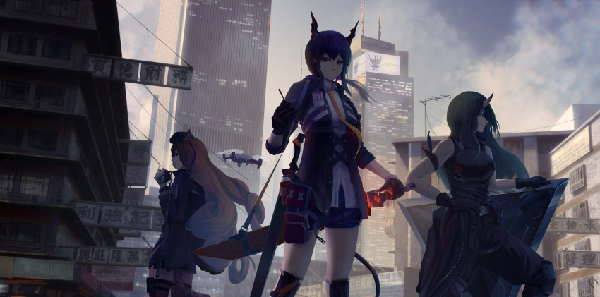 3girls absurdres animal_ears arknights armband billboard black_gloves black_jacket black_pants black_shirt blue_hair blue_shorts building ch'en_(arknights) chain chest_armor chinese_commentary cityscape clothes_around_waist clouds collared_shirt commentary dragon_horns drone earphones eternaero fingerless_gloves frown gloves glowing green_eyes green_hair hand_on_hilt hand_on_hip hand_on_shield highres holding holding_walkie-talkie holding_weapon horns hoshiguma_(arknights) id_card jacket jacket_around_waist long_hair looking_afar looking_at_viewer making-of_available multiple_girls necktie oni_horns open_clothes open_jacket orange_hair outdoors pants parted_lips red_eyes shield shirt shorts sidelocks sideways_glance single_horn sky skyscraper sleeveless sleeveless_shirt swire_(arknights) sword tail tiger_ears tiger_tail translation_request weapon white_shirt window yellow_necktie