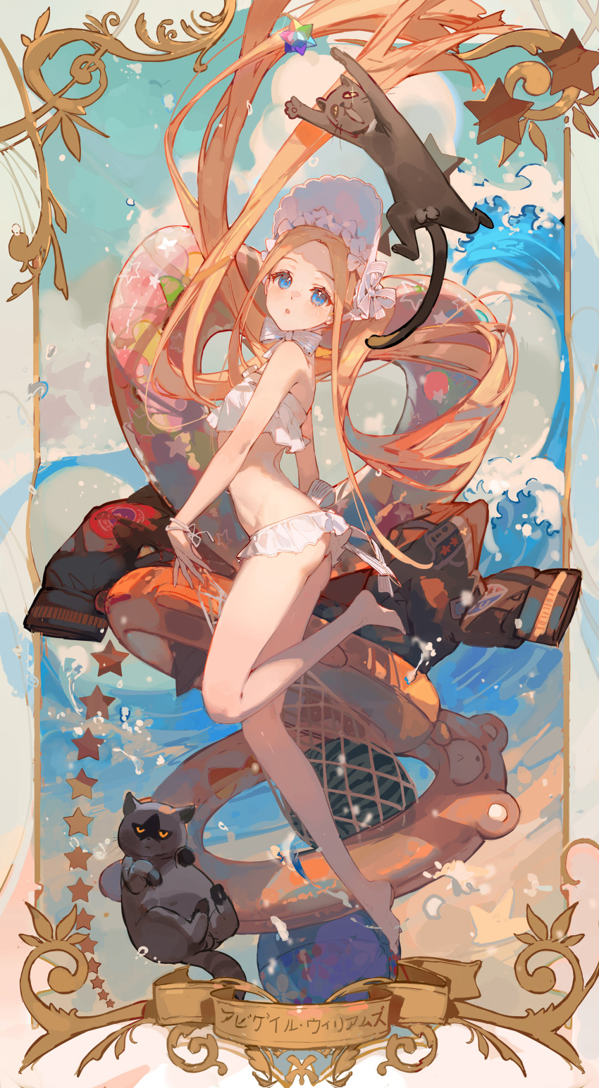 1girl abigail_williams_(fate) abigail_williams_(swimsuit_foreigner)_(fate) abigail_williams_(swimsuit_foreigner)_(third_ascension)_(fate) absurdres animal bangs bare_shoulders bikini black_cat blonde_hair blue_eyes blush bonnet bow breasts cat ciloranko commentary_request fate/grand_order fate_(series) food forehead fruit full_body hair_bow hair_rings highres long_hair looking_away multiple_bows navel parted_bangs saint_quartz_(fate) sidelocks sky small_breasts solo star_(symbol) strapless strapless_bikini swimsuit twintails very_long_hair water watermelon white_bikini white_bow white_headwear