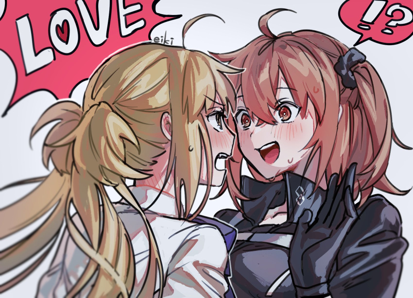 !? 2girls ahoge annoyed artoria_caster_(fate) artoria_pendragon_(fate) bangs black_gloves blonde_hair blue_bow blush body_blush bow collared_shirt crossed_bangs ear_blush eiki_(eikityou_55) english_text fang fate/grand_order fate_(series) flustered fujimaru_ritsuka_(female) fujimaru_ritsuka_(female)_(polar_chaldea_uniform) gloves hair_between_eyes hand_up highres leaning_forward long_hair looking_at_another multiple_girls nape no_hat no_headwear open_mouth orange_eyes orange_hair popped_collar profile shirt short_hair side_ponytail simple_background surprised sweat twintails uniform upper_body v-shaped_eyebrows white_background white_shirt wide-eyed yellow_eyes yuri