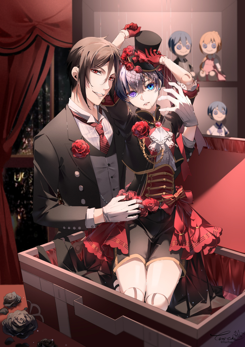 2boys absurdres bishounen black_flower black_hair black_rose blue_eyes blue_hair bow box butler buttons ciel_phantomhive collared_shirt curtains diffraction_spikes doll doll_joints dress evil_smile flower formal frilled_skirt frills gem gloves hand_up hat heterochromia highres in_box in_container indoors jewelry joints kuroshitsuji lace light_particles long_sleeves looking_at_viewer male_focus multiple_boys necktie open_mouth otoko_no_ko petals red_bow red_eyes red_flower red_gloves red_rose redhead ribbon rose sebastian_michaelis shadow shirt short_hair shorts sidelocks sitting skirt sleeve_cuffs slit_pupils smile sparkle string tassel top_hat toritoki upper_body victorian violet_eyes white_gloves white_shirt window