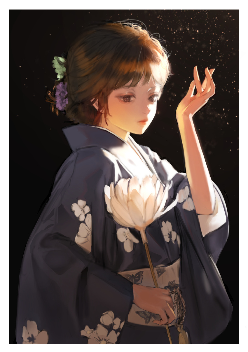 1girl absurdres bangs black_background brown_eyes brown_hair closed_mouth floral_print hand_up highres japanese_clothes kimono original photo-referenced short_hair solo ssh_(0416ssh) upper_body