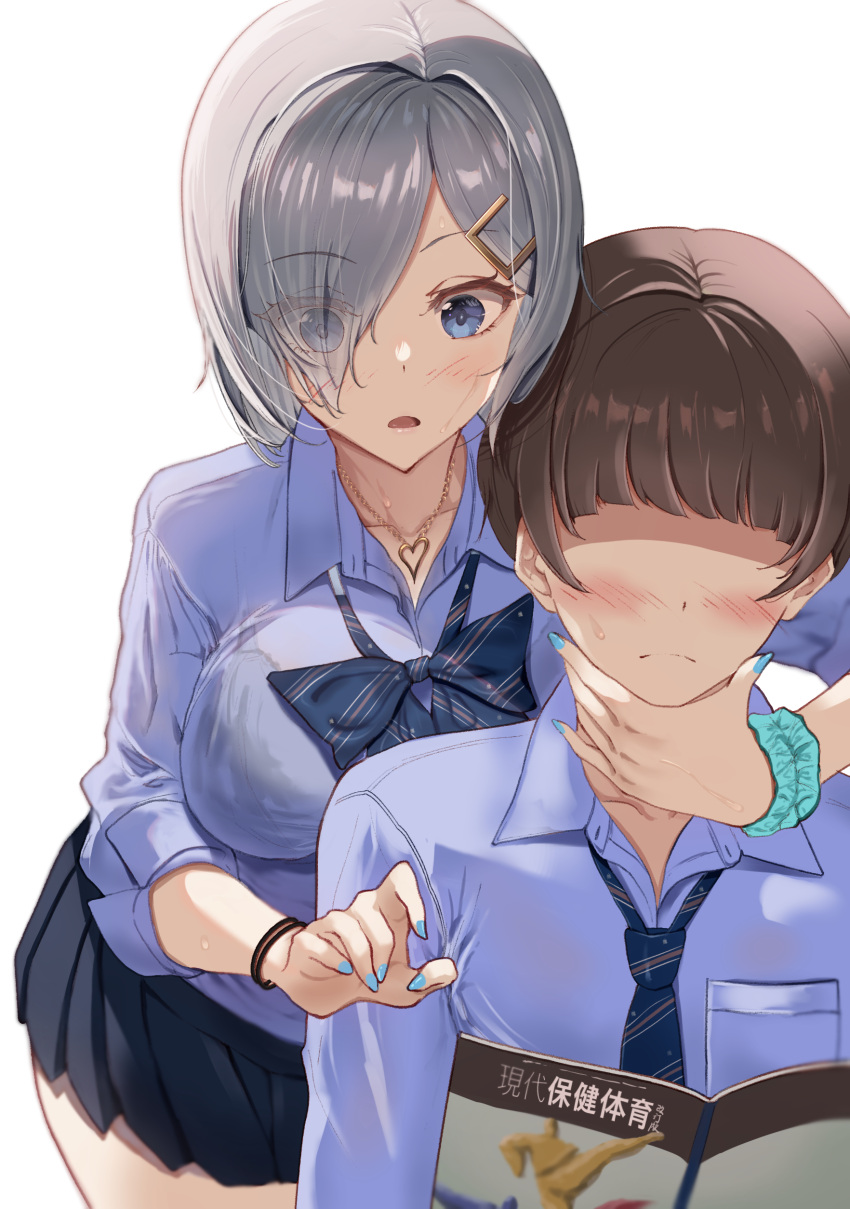 1boy 1girl absurdres black_skirt blue_eyes blue_shirt blush book breasts brown_hair closed_mouth collarbone collared_shirt grey_hair hair_ornament hair_over_one_eye hairclip hamakaze_(kancolle) highres jewelry kantai_collection large_breasts long_sleeves necklace open_book open_mouth pleated_skirt shirt short_hair simple_background skirt taki_rentaro white_background