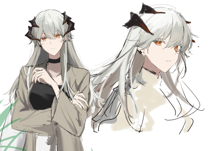 1girl absurdres arknights black_choker black_shirt choker collarbone dragon_girl dragon_horns earclip grey_hair grey_jacket hair_between_eyes highres horns jacket joshua_(shisanli934) long_hair looking_at_viewer multiple_views open_clothes open_jacket orange_eyes orange_nails parted_lips saria_(arknights) shirt simple_background sketch unfinished white_background