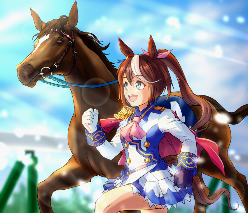 1girl animal_ears ascot asymmetrical_gloves black_gloves blue_eyes blue_jacket blue_skirt bow brown_hair capelet cheesecake_(artist) commentary_request creature_and_personification epaulettes gloves hair_bow high_ponytail highres horse horse_ears horse_girl horse_racing_track horse_tail jacket long_hair long_sleeves miniskirt mismatched_gloves multicolored_clothes multicolored_hair multicolored_jacket partial_commentary pink_bow red_capelet running single_epaulette skirt tail tokai_teio_(racehorse) tokai_teio_(umamusume) two-tone_hair two-tone_jacket two-tone_skirt umamusume white_gloves white_hair white_jacket white_skirt