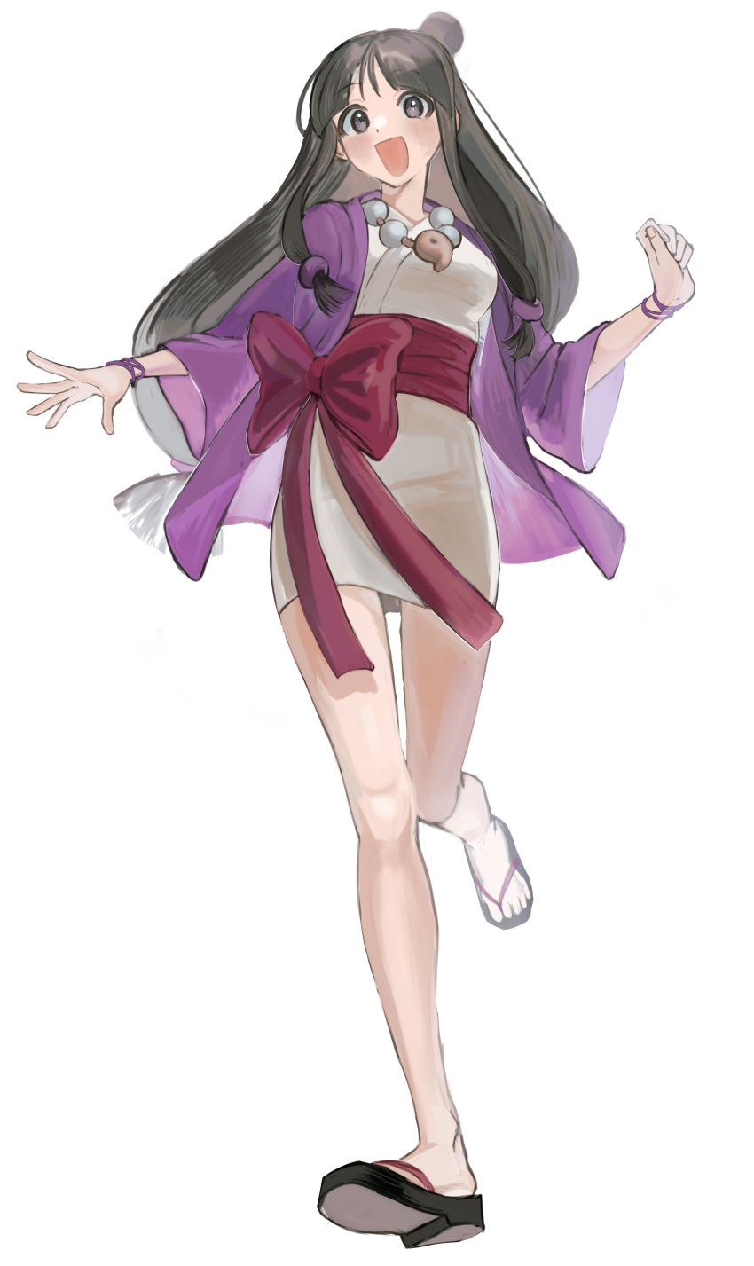 1girl :d absurdres ace_attorney bangs black_eyes black_hair character_request flip-flops full_body highres jacket japanese_clothes jewelry kimono long_sleeves looking_at_viewer necklace obi open_mouth purple_jacket running sandals sash simple_background smile solo toes tokoni_fusu white_background white_kimono