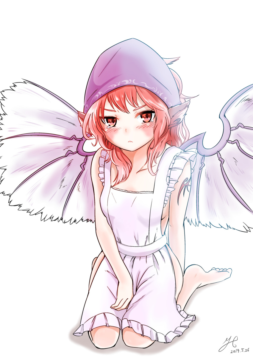 1girl absurdres animal_ears apron barefoot bird_ears bird_wings blush closed_mouth collarbone dated head_scarf highres mystia_lorelei naked_apron no_bra no_panties no_underwear pink_eyes pink_hair short_hair signature simple_background sitting solo tattoo tears touhou wariza white_apron white_background white_wings wings yukeyf