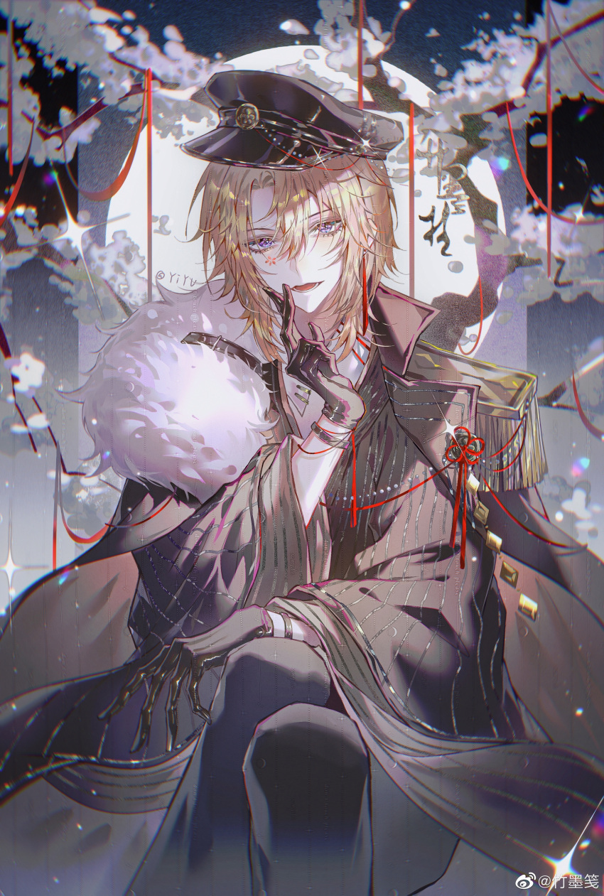 1boy absurdres bishounen black_gloves blonde_hair cherry_blossoms chinese_knot chromatic_aberration crossed_legs diffraction_spikes facial_mark flower fur gloves hair_between_eyes hat highres jewelry long_sleeves looking_at_viewer luca_kaneshiro male_focus nijisanji nijisanji_en open_mouth pink_flower shirt short_hair sidelocks smile solo sparkle string string_of_fate violet_eyes virtual_youtuber zhu_mo_jian
