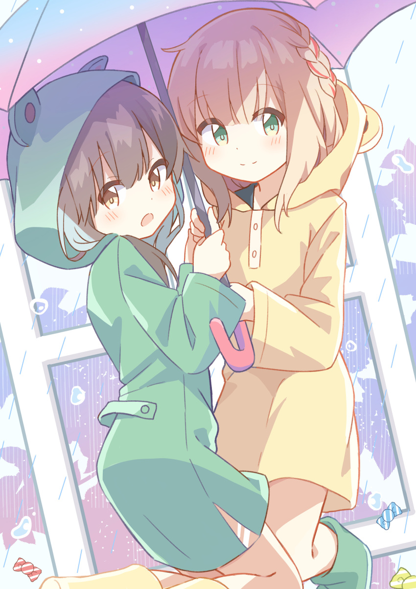 2girls absurdres animal_hood bangs bare_legs blonde_hair blunt_bangs boots braid braided_ponytail brown_eyes brown_hair candy child coat feet_up female_child food frog_hood frog_raincoat green_eyes green_footwear highres holding holding_umbrella hood hood_down hood_up hooded_coat light_blush long_sleeves looking_at_viewer multiple_girls open_mouth original rain raincoat rubber_boots ryoku_sui shiny shiny_clothes side_ponytail simple_background smile umbrella under_umbrella water_drop window yellow_footwear yellow_raincoat
