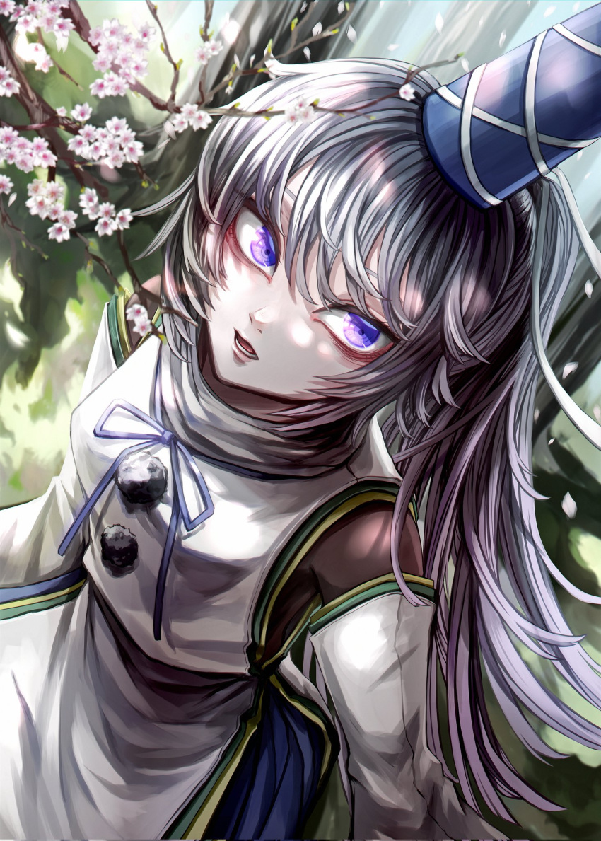 1girl bangs blue_eyes blue_headwear blue_skirt branch cowboy_shot flower from_above grey_hair hat highres japanese_clothes kariginu long_hair looking_at_viewer mamiru_(42105269) mononobe_no_futo open_mouth outdoors pom_pom_(clothes) ponytail skirt solo standing tate_eboshi touhou white_flower