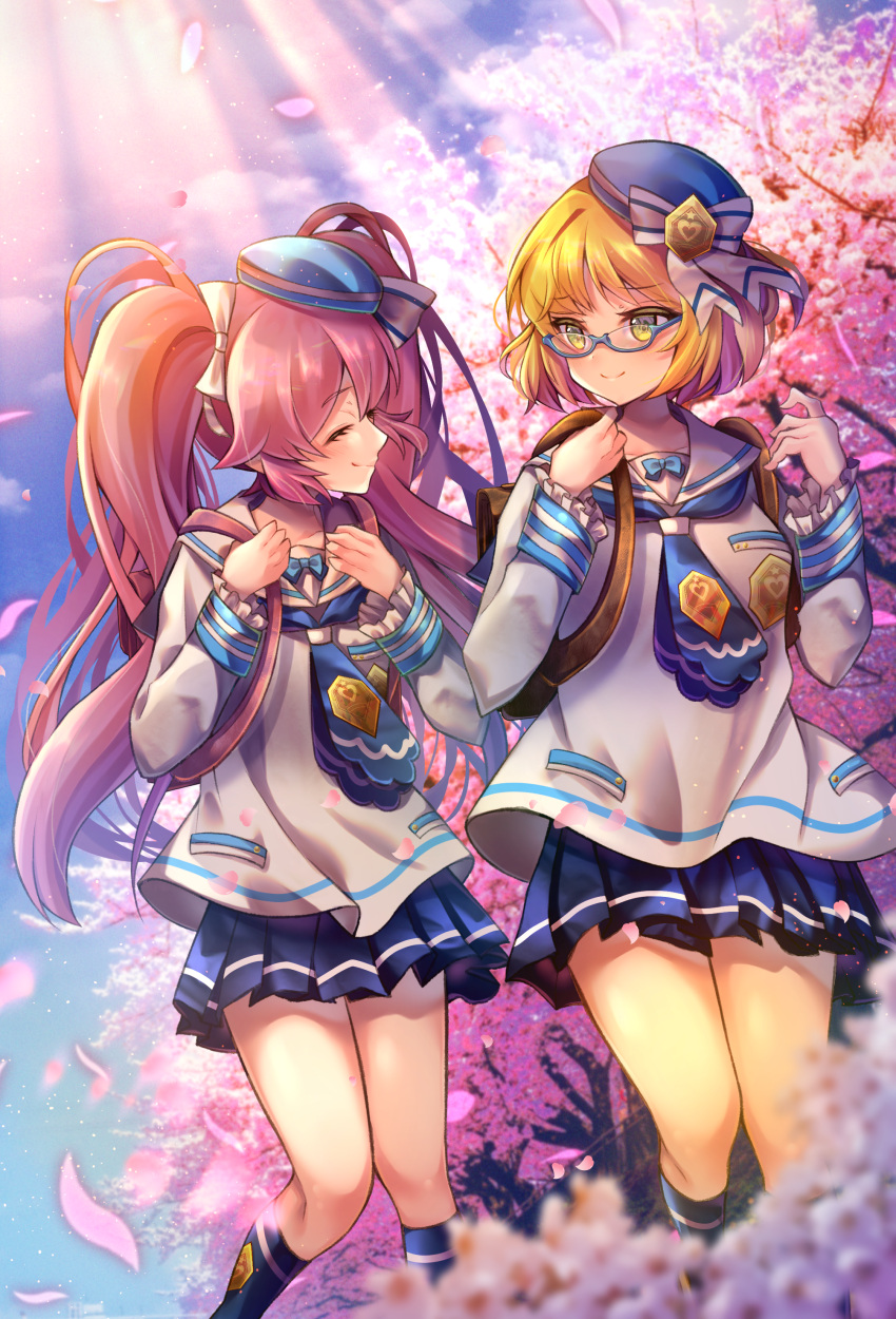 #compass 2girls absurdres backpack bag bangs blonde_hair blush bow cherry_blossoms closed_eyes day emblem facing_another frilled_sleeves frills glasses hair_bow hat hat_ornament highres holding_strap horinatu light_rays long_hair long_sleeves looking_at_another luluca_(epic_seven) multiple_girls neckerchief outdoors pink_hair pleated_skirt ririka_(#compass) school_uniform serafuku skirt sky smile socks tree twintails very_long_hair yellow_eyes