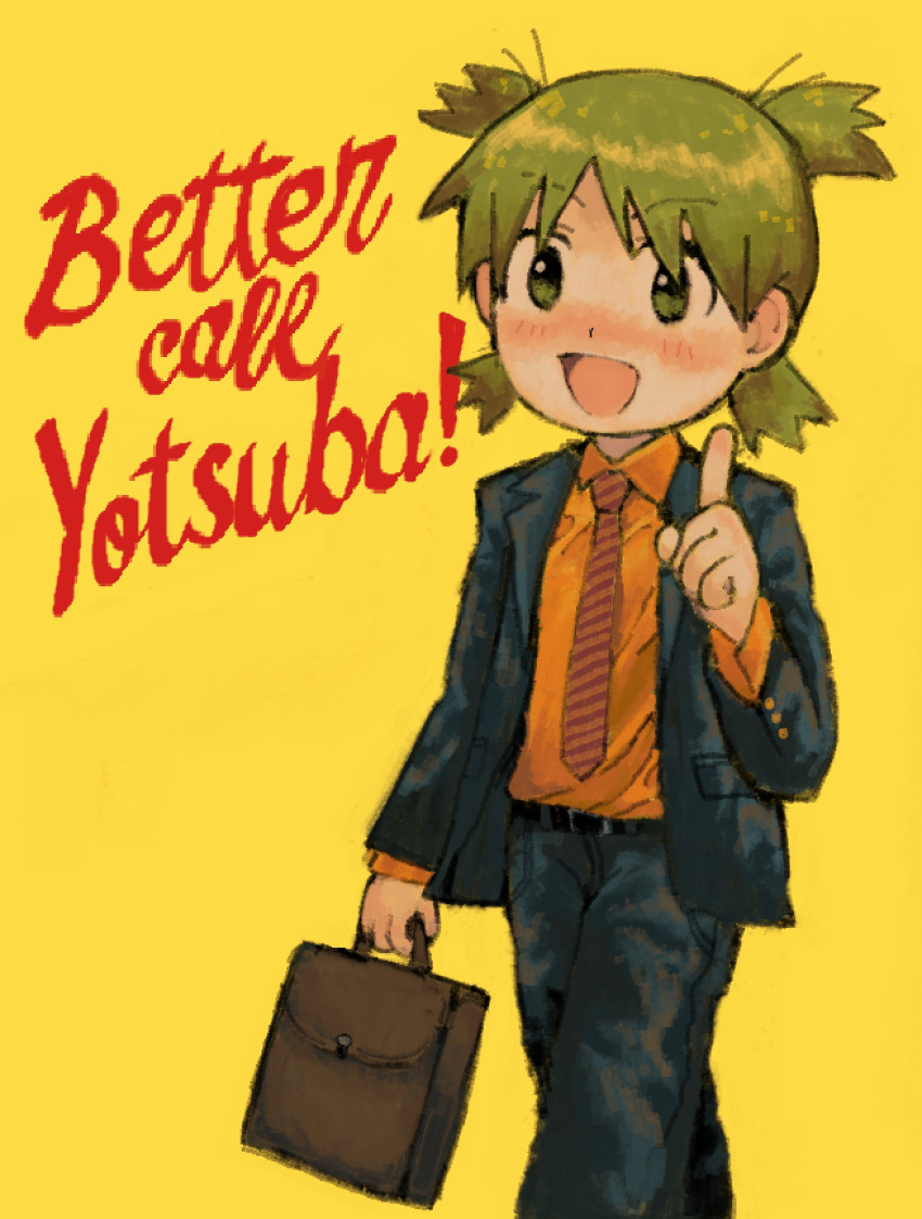 1girl :d absurdres belt better_call_saul black_jacket black_pants black_suit briefcase collared_shirt commentary cosplay crossover english_commentary english_text feet_out_of_frame formal green_eyes green_hair hand_up highres holding holding_briefcase index_finger_raised jacket koiwai_yotsuba long_sleeves looking_at_viewer necktie open_mouth orange_shirt pants quad_tails red_necktie saul_goodman saul_goodman_(cosplay) shirt short_hair simple_background slogan smile solo standing striped_necktie suit sunny_waifu walking yellow_background yotsubato!