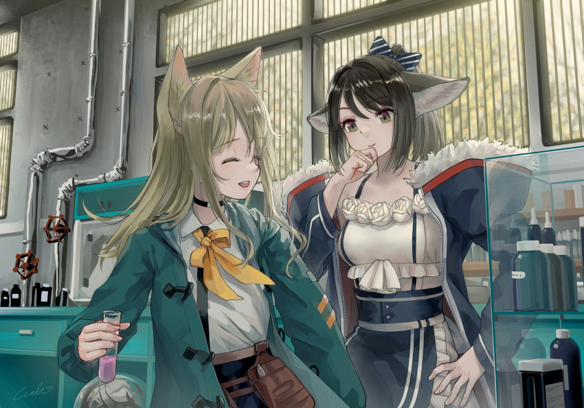 2girls ^_^ animal_ears arknights black_choker blue_bow blue_jacket bow bowtie breasts brown_eyes brown_hair choker closed_eyes collared_shirt dog_ears dog_girl dress dress_flower flower fox_ears fox_girl fur-trimmed_jacket fur_trim green_jacket hair_bow hand_on_hip hand_on_own_chin highres holding indoors industrial_pipe jacket long_sleeves multiple_girls open_clothes open_jacket open_mouth perfumer_(arknights) podenco_(arknights) ponytail shirt small_breasts striped striped_bow teeth upper_teeth valve vial welt_(kinsei_koutenkyoku) white_dress white_flower white_shirt window yellow_bow yellow_bowtie