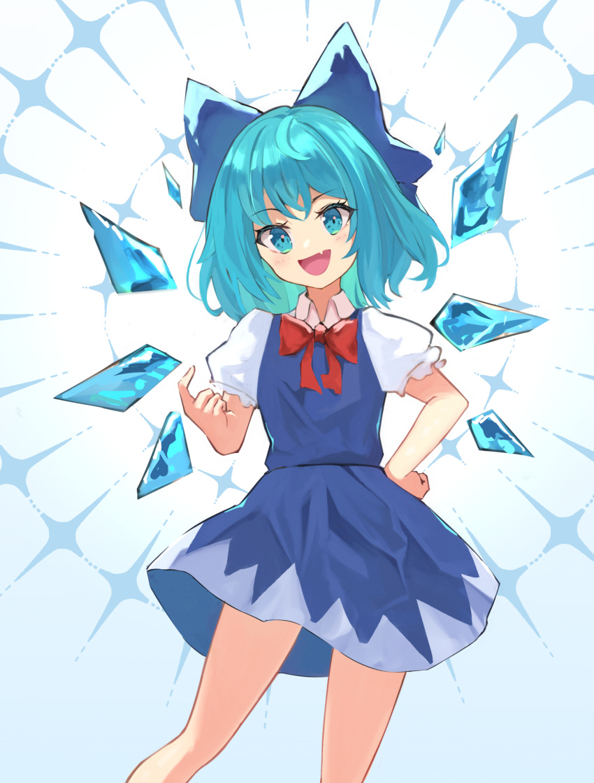 1girl blue_bow blue_dress blue_eyes blue_hair blush bow cirno collared_shirt detached_wings dress fairy fang hair_bow highres ice ice_wings oeyama open_mouth puffy_short_sleeves puffy_sleeves shirt short_hair short_sleeves skin_fang smile solo touhou white_shirt wings