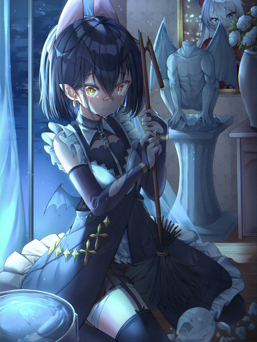 2girls absurdres animal_ears bandaid bandaid_on_face bandaid_on_nose bangs black_dress black_hair black_thighhighs blush bridal_gauntlets broken_statue dress earrings flower frills garter_straps gr_greeze head_wings heterochromia highres jewelry looking_at_viewer looking_back multiple_girls original picture_(object) pointy_ears red_eyes short_hair sitting statue tears thigh-highs vase yellow_eyes