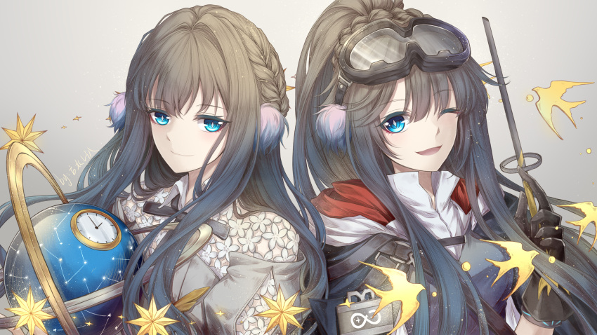 2girls ;d absurdres animal_ear_fluff arknights artist_name astesia_(arknights) astgenne_(arknights) blue_eyes blue_hair blue_vest braid bright_pupils celestial_globe chinese_commentary clock closed_mouth collared_shirt commentary constellation diamond-shaped_pupils diamond_(shape) floral_print goggles goggles_on_head grey_background grey_vest hand_up highres holding holding_wand long_hair looking_at_viewer miyamizu_reiha multiple_girls one_eye_closed open_mouth ponytail portrait rhine_lab_logo shirt shoulder-to-shoulder siblings sidelocks sisters smile symbol-shaped_pupils very_long_hair vest wand white_pupils white_shirt