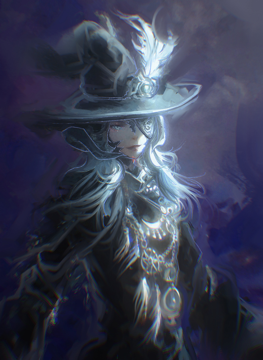 1girl au_ra black_mage dark_background dragon_horns eyepatch final_fantasy final_fantasy_xiv green_eyes grey_hair hat highres horns lips long_hair looking_at_viewer norino_(106592473) scales solo witch_hat