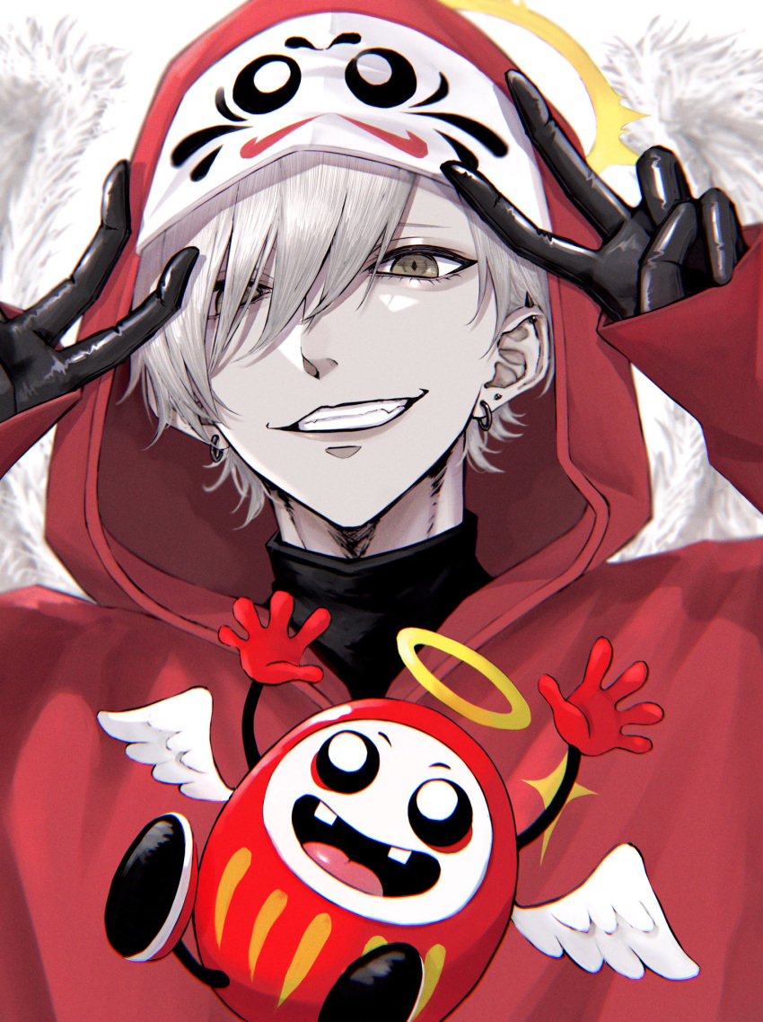 1boy avanokabeuch black_gloves commentary_request crazy_raccoon daruma_doll daruma_is_god earrings feathered_wings gloves grin hair_over_one_eye highres hood hoodie jewelry male_focus open_mouth red_hoodie smile solo_focus upper_body v white_hair wings yellow_eyes