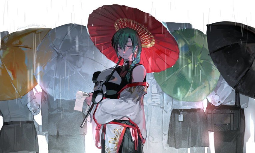 1girl 1other 4boys bangs bare_shoulders black_pants bokyo braid braided_ponytail chinese_clothes collar cowboy_shot crop_top earclip earrings facing_away formal green_hair hair_between_eyes hair_over_shoulder highres hip_vent holding holding_umbrella jacket jewelry layered_clothes long_hair long_sleeves looking_at_viewer midriff_peek miniskirt mole mole_under_eye multiple_boys nijisanji off_shoulder oil-paper_umbrella pants partially_colored pelvic_curtain pleated_skirt rain ryuushen single_braid skirt smile solo_focus stuffed_animal stuffed_panda stuffed_toy suit umbrella violet_eyes virtual_youtuber white_background white_jacket wide_sleeves