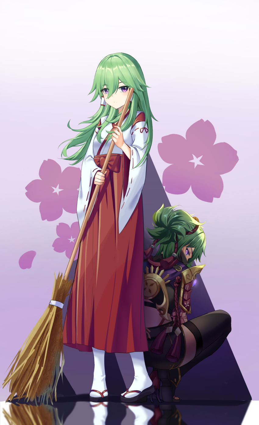 2girls absurdres armor ass bangs broom commentary_request czk dual_persona from_behind full_body genshin_impact green_hair hair_between_eyes hair_ornament hair_tubes hakama hakama_skirt head_tilt highres holding holding_broom hooded_cardigan japanese_clothes kuki_shinobu long_hair long_sleeves looking_at_another looking_at_viewer mask midriff miko mouth_mask multiple_girls ponytail short_shorts shorts shoulder_armor sidelocks simple_background skirt squatting standing violet_eyes zettai_ryouiki