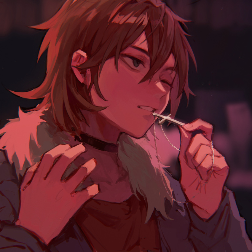 1boy black_choker blue_jacket brown_hair chinese_commentary choker clenched_teeth commentary_request cross cross_necklace fur-trimmed_jacket fur_trim grey_eyes highres isoi_reiji jacket jewelry long_sleeves male_focus necklace one_eye_closed portrait red_shirt saibou_shinkyoku sanpaku shirt short_hair solo teeth yikousuuu