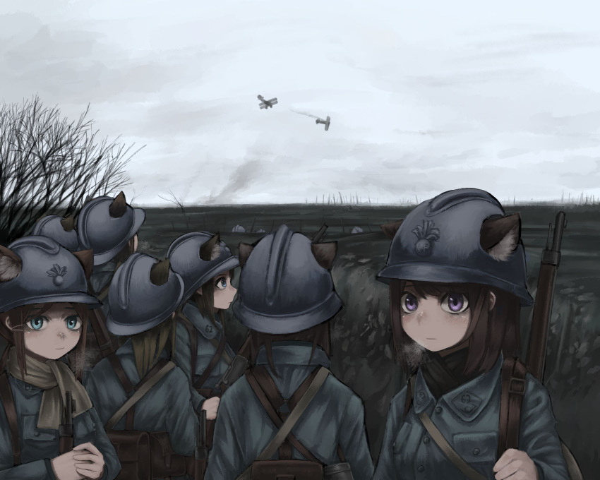 6+girls aircraft airplane animal_ears biplane blue_coat blue_eyes clouds cloudy_sky coat day extra_ears french_army gun helmet highres long_sleeves medium_hair military military_helmet military_uniform multiple_girls original outdoors rifle rifle_on_back short_hair sky soldier standing tree uniform user_dhcx5474 violet_eyes weapon world_war_i