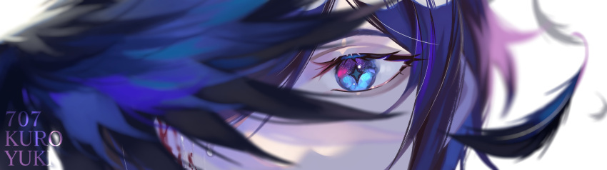 1boy 707kuroyuki artist_name bangs blood blood_on_face blue_eyes blue_hair blue_theme blue_wings blurry close-up depth_of_field english_commentary eye_focus eyelashes feathers genshin_impact highres injury kaeya_(genshin_impact) looking_at_viewer male_focus mixed-language_commentary one_eye_covered simple_background solo sweat symbol-shaped_pupils tears white_background wings