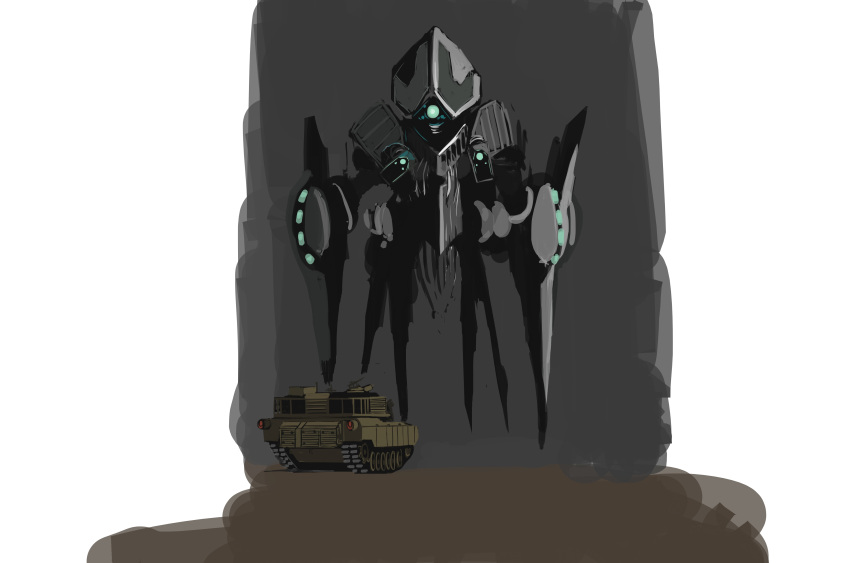 absurdres amacalva cannon caterpillar_tracks commentary_request glowing glowing_eye ground_vehicle gun highres machine_gun mecha mechanical_legs military military_vehicle motor_vehicle no_humans non-humanoid_robot original robot science_fiction size_difference tank turret vehicle_focus walker weapon