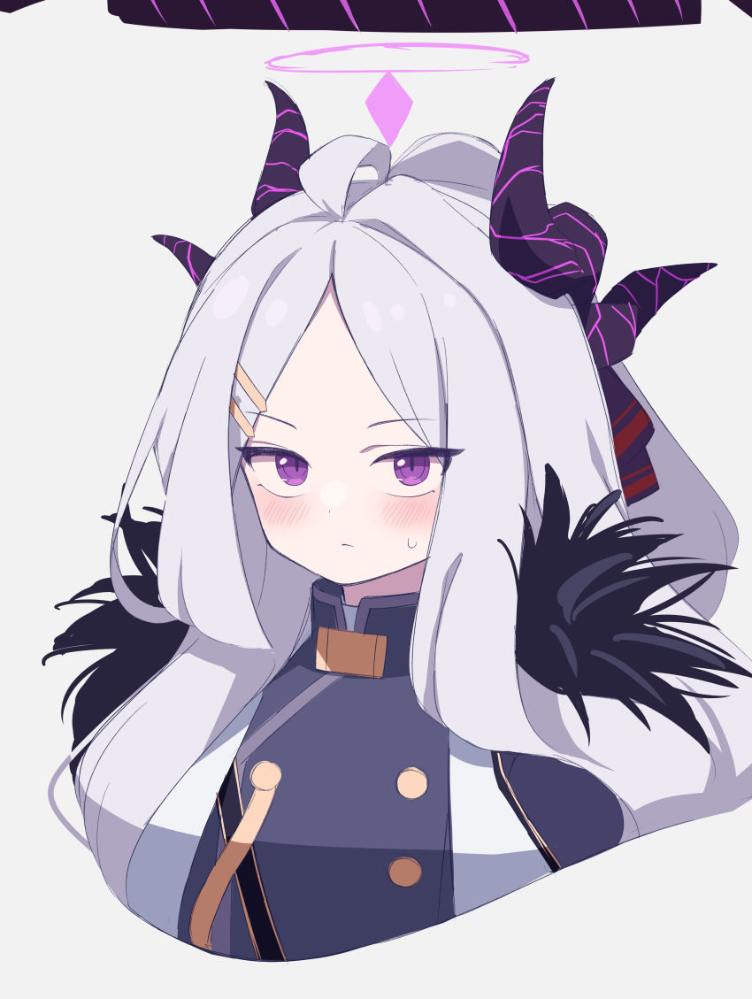 1girl absurdres ahoge bangs black_jacket blue_archive blush cropped_torso grey_background grey_hair hair_ornament hairclip halo highres hina_(blue_archive) horns jacket long_hair looking_at_viewer multiple_horns parted_bangs simple_background solo sweat uhouhogorigori upper_body violet_eyes