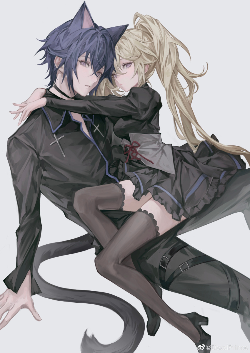 1boy 1girl absurdres animal_ears black_choker black_dress black_footwear black_pants black_shirt black_thighhighs blonde_hair breasts brother_and_sister cat_boy cat_ears cat_tail choker corset cross deadprince dress frilled_dress frilled_legwear frills full_body highres hoshina_utau hug juliet_sleeves latin_cross long_hair long_sleeves looking_at_viewer magical_boy medium_breasts pants parted_lips puffy_sleeves purple_hair shirt shugo_chara! siblings simple_background sitting sitting_on_person tail thigh-highs thigh_strap tsukiyomi_ikuto twintails violet_eyes weibo_logo weibo_username white_background