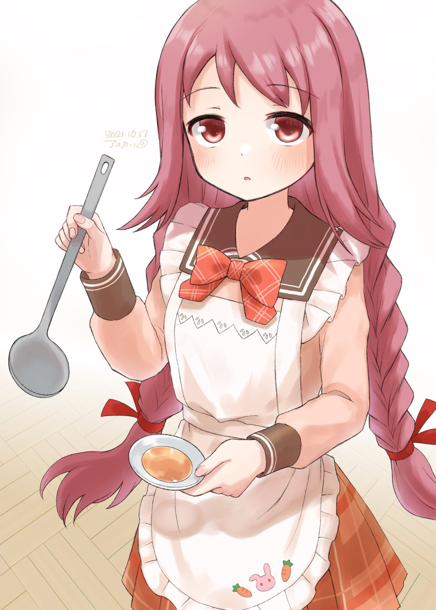 1girl apron artist_name asukaru_(magika_ru) bow braid cooking frilled_apron frills from_above hands_up highres himuro_rabi holding holding_ladle ladle long_hair long_sleeves looking_at_viewer magia_record:_mahou_shoujo_madoka_magica_gaiden mahou_shoujo_madoka_magica parted_lips pink_eyes pink_hair plate ribbon school_uniform simple_background solo tasting_plate
