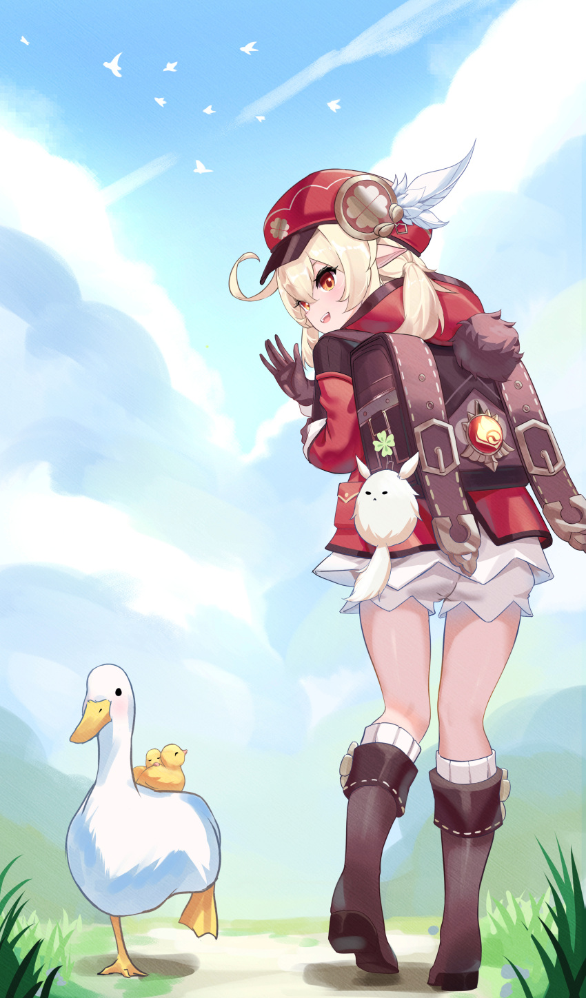 1girl :d absurdres ahoge backpack bag bag_charm bangs bird bloomers blue_sky cabbie_hat charm_(object) clouds cloudy_sky clover_print commentary_request czk duck duckling from_behind full_body genshin_impact hair_between_eyes hat head_tilt highres hooded_coat klee_(genshin_impact) light_brown_hair long_hair long_sleeves looking_at_another low_twintails orange_eyes pointy_ears randoseru sidelocks sky smile twintails underwear walking waving
