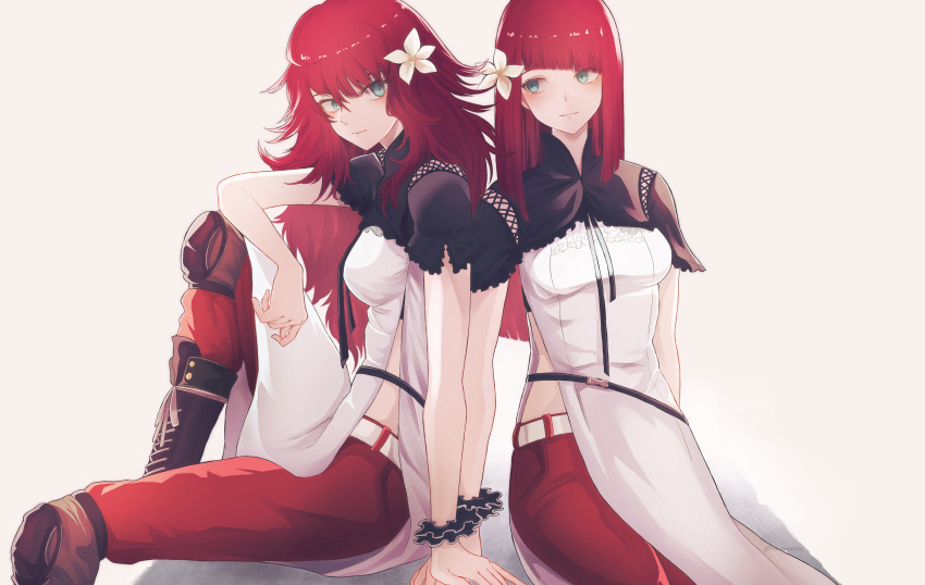 2girls absurdres arm_on_knee bangs belt blunt_bangs devola flower frilled_sleeves frills green_eyes hair_flower hair_ornament highres knee_pads knee_up long_hair looking_at_another messy_hair multiple_girls nier_(series) nier_automata panties popola red_panties redhead scrunchie short_sleeves siblings side_slit sitting twins underwear weiss_9610 white_belt white_flower wrist_scrunchie